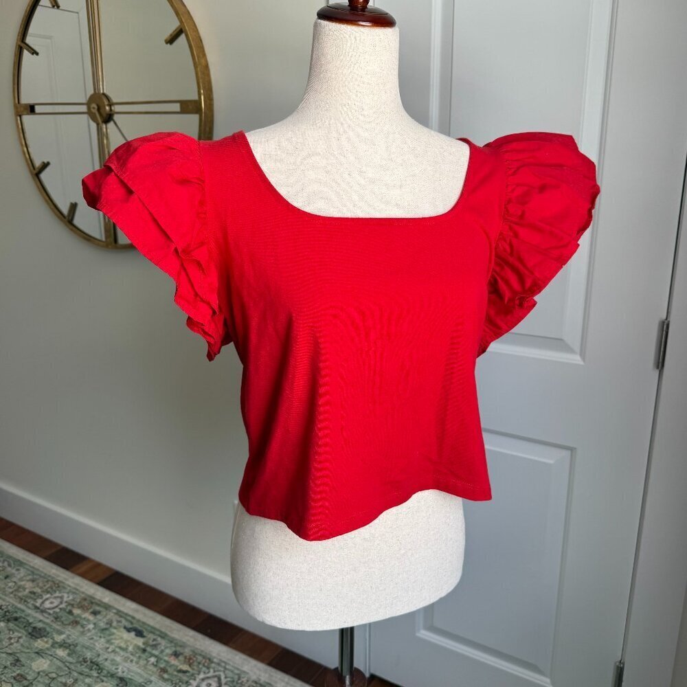 A New Day Red Flutter Sleeve Crop Top Size Large
